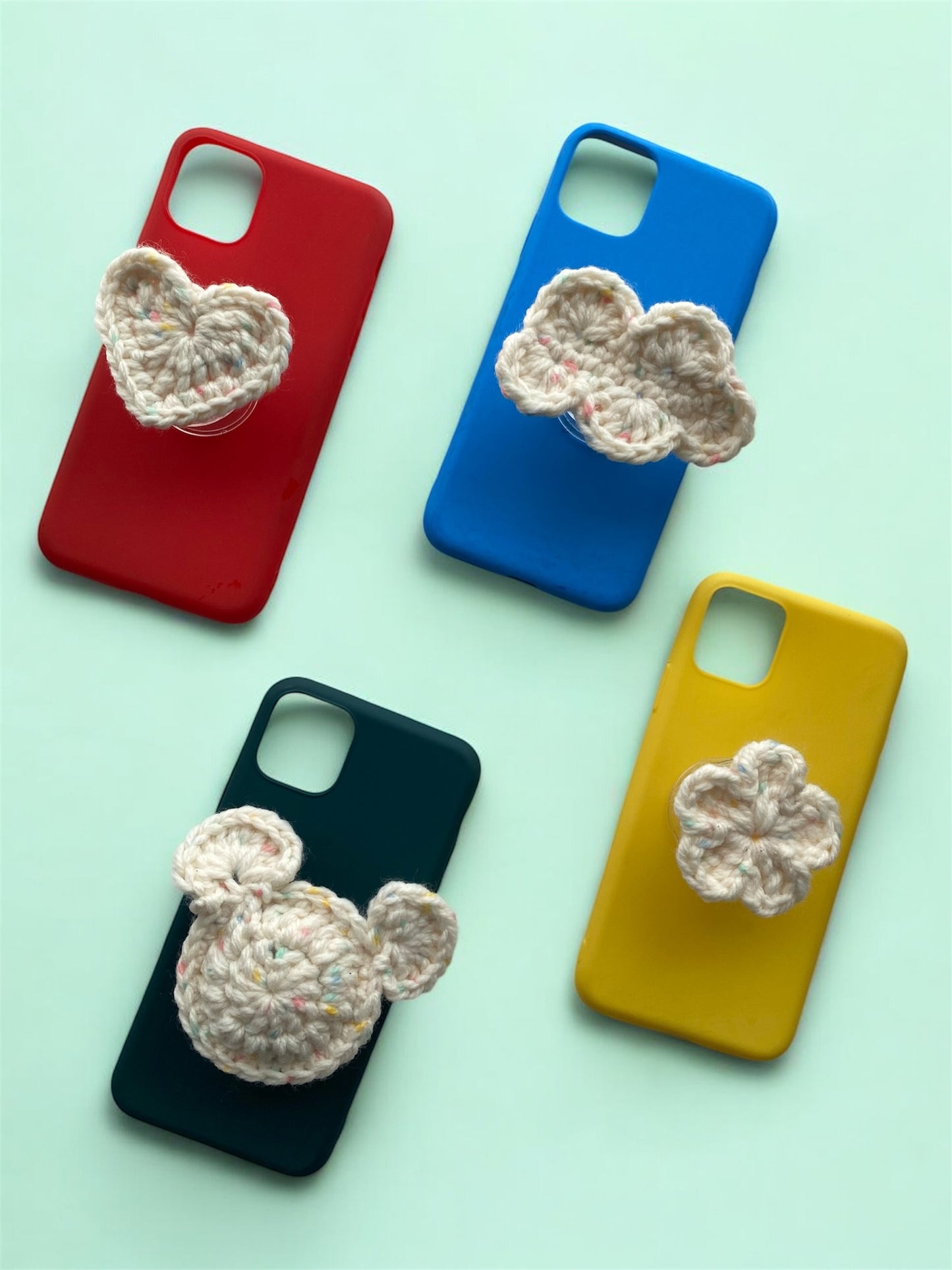 Handmade Crochet Phone Grips | Cute Cloud, Heart, Mouse & Flower Phone Holder Cover | Soft Kawaii Tech Accessories | Adhesive Kindle Griptok