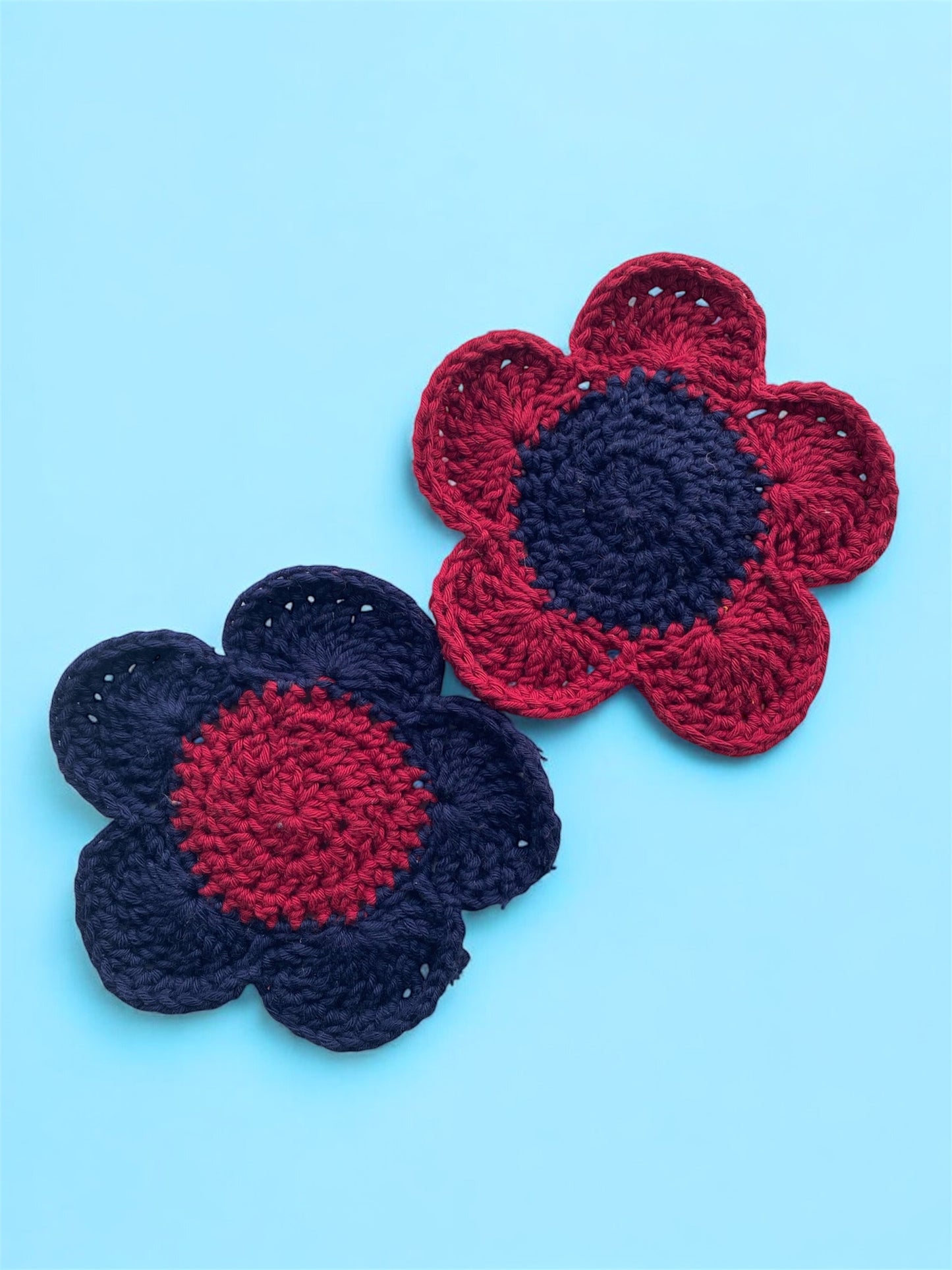 Handmade Crochet Flower Coasters | Colorful Boho Table Decor | Eco-Friendly Gift Idea for Home & Coffee Lovers | Set of 2 Duo Tone Mug Rugs
