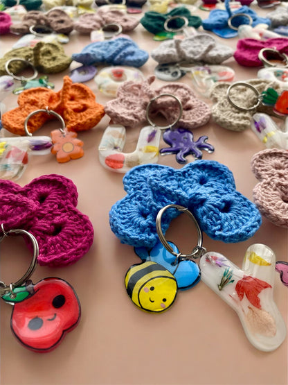 Handmade Crochet Butterfly Keychain with Resin Letter & Cute Charm | Personalized Gift for Her | Initial Bag or Backpack Accessory