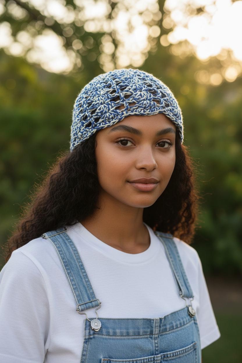 Handmade Crochet Skull Cap | Summer Mesh Beanie | Duo-Tone Festival Party Hat